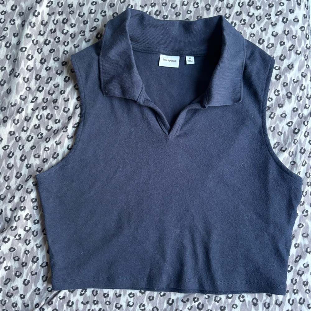 Sunday Best Knox Tank Polo Perfect Navy Sleeveless Knit Medium - Picture 2 of 6